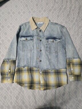 Fate Light Denim Jacket with Yellow Plaid Trim & Corduroy Collar
